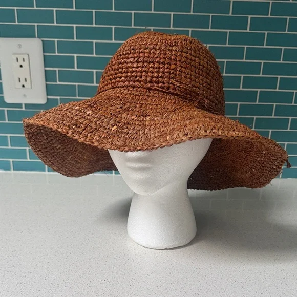 Tropical Trends brown woven natural straw wide brim floppy sun hat one size - Picture 2 of 8